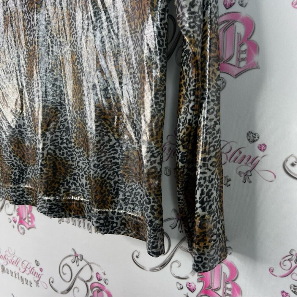 Pippin street shirt shiny long sleeve animal Metallic Leopard Print Blouse retro - Picture 3 of 8